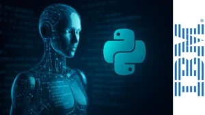 Ilustración futurista de un robot con código y el logo de Python, representando ciencia de datos e inteligencia artificial