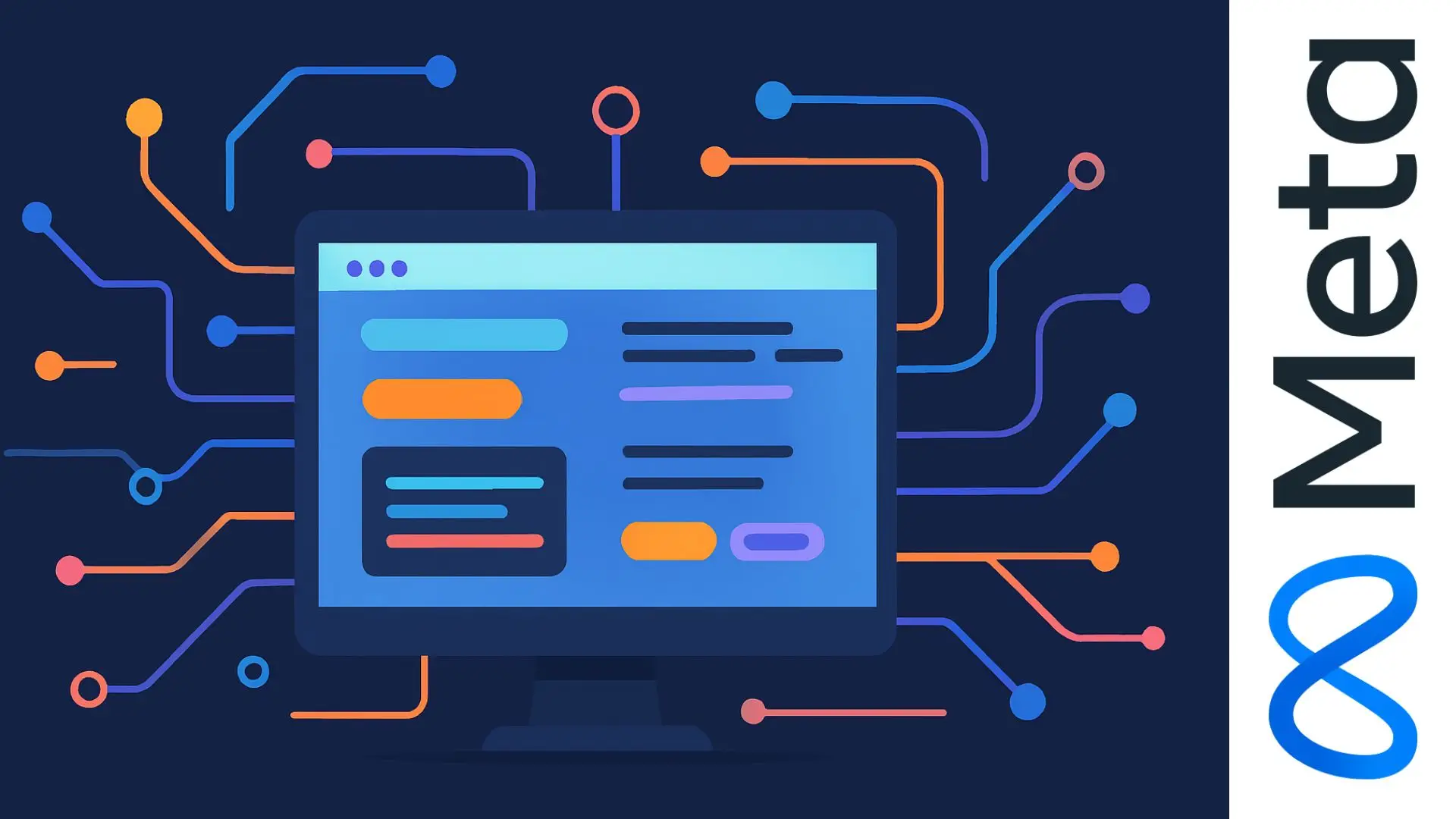 Ilustración digital de una interfaz web en construcción con líneas de colores que representan componentes y conexiones en React avanzado