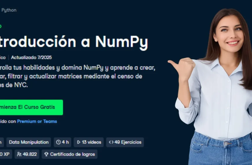 Mujer joven sonriente señalando curso gratis Introducción a NumPy en DataCamp con detalles del aprendizaje en Python