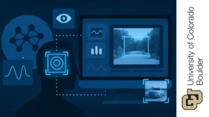 Ilustración de visión por computadora con un perfil humano y una computadora analizando imágenes mediante inteligencia artificial