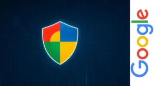 Escudo digital con colores de Google sobre fondo de ciberseguridad, representando protección de datos y seguridad informática.
