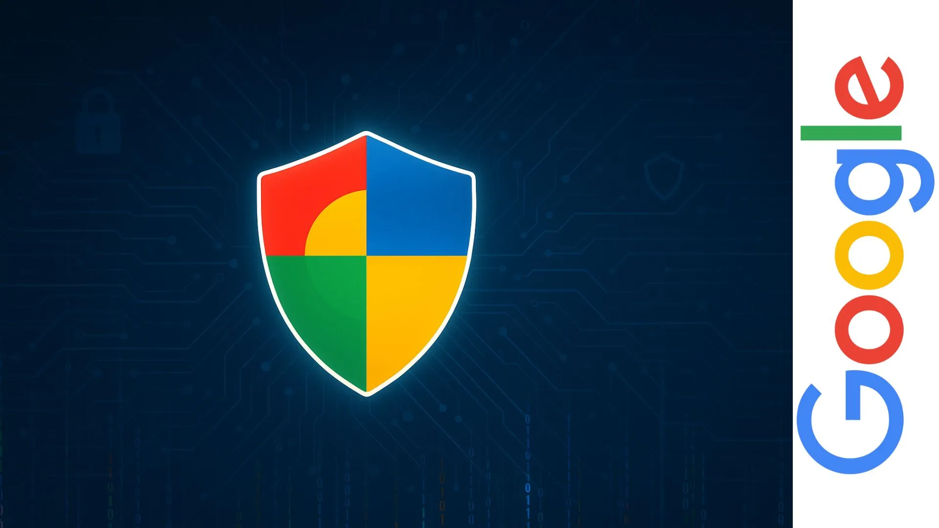 Escudo digital con colores de Google sobre fondo de ciberseguridad, representando protección de datos y seguridad informática.