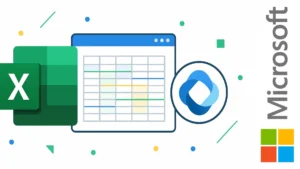 ilustración minimalista con íconos de Excel y Copilot sobre fondo blanco, representando análisis de datos y aprendizaje digital