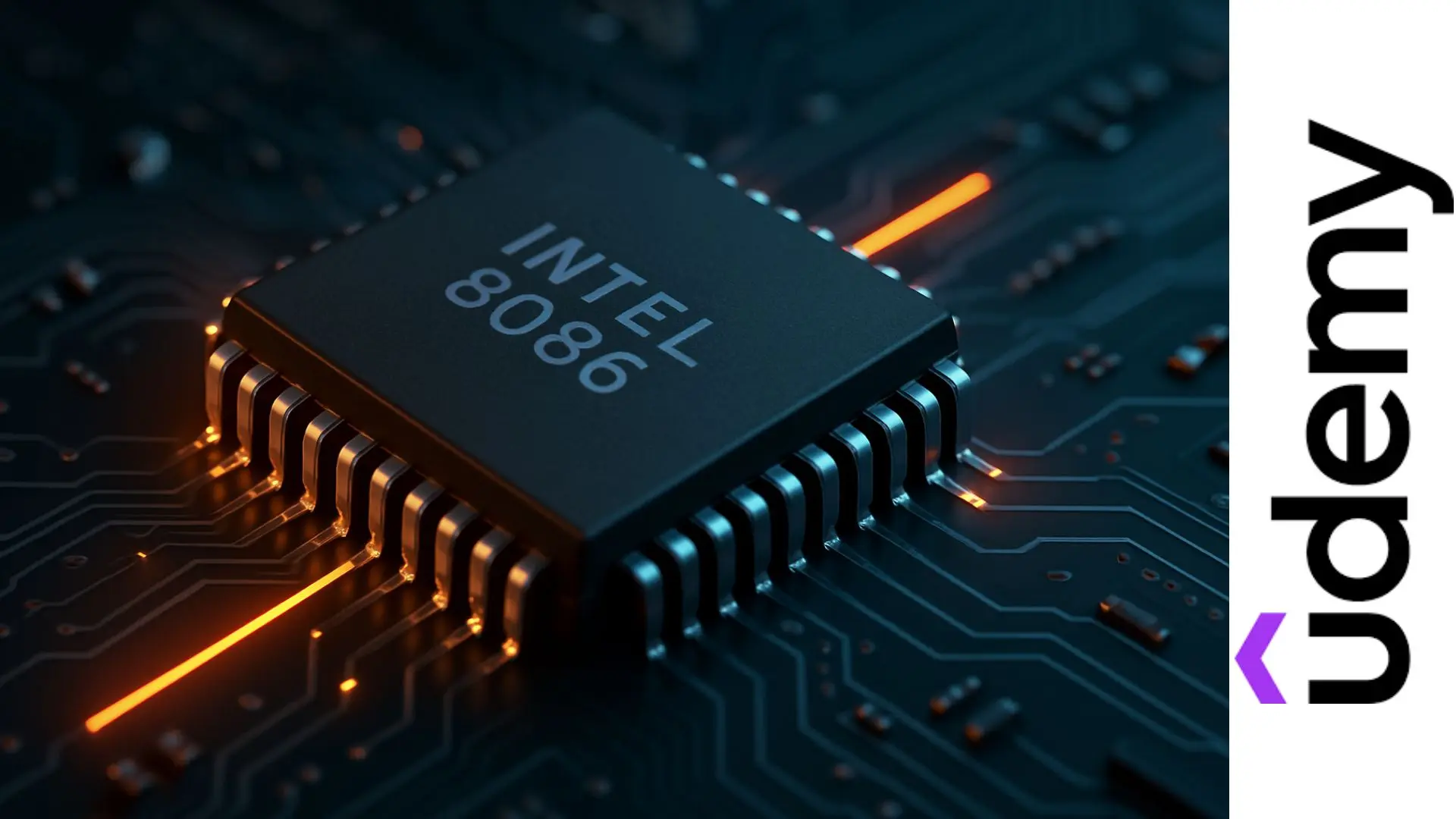 Vista macro del chip Intel 8086 sobre una placa electrónica con líneas iluminadas