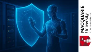figura de inteligencia artificial protegiendo servidores con un escudo digital azul en una sala futurista de datos