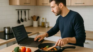 Hombre cocinando mientras su laptop compila código en una cocina moderna iluminada por luz natural.