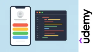 Mockup de una página tipo Linktree en un smartphone junto a un editor de código con líneas de HTML y CSS en fondo claro.