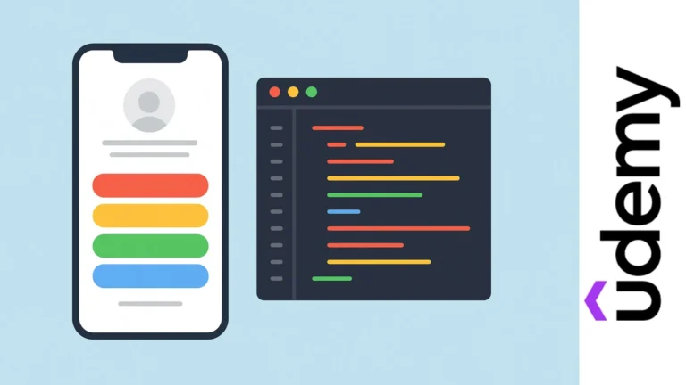Mockup de una página tipo Linktree en un smartphone junto a un editor de código con líneas de HTML y CSS en fondo claro.