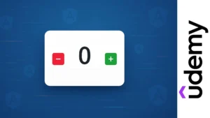 Interfaz de contador digital con botones más y menos junto al logotipo de Angular 20