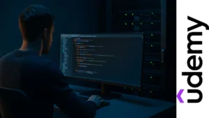 Desarrollador trabajando frente a una pantalla curva con código Java y servidores encendidos al fondo