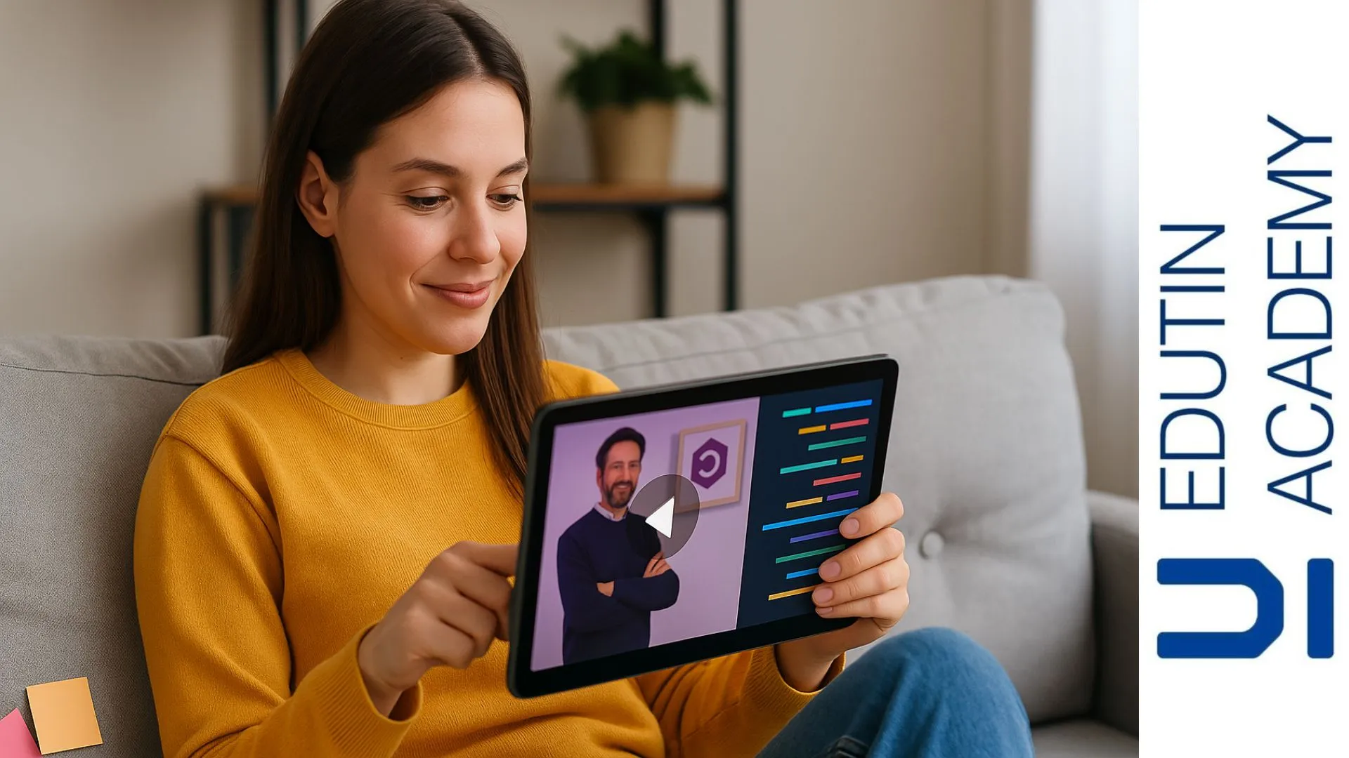 Estudiante joven viendo una videoclase de programación C# en una tablet desde casa