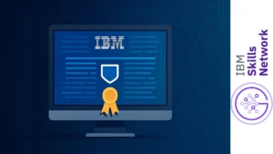 Imagen de un certificado digital de IBM en una pantalla de computadora con fondo tecnológico, representando formación en ciberseguridad.
