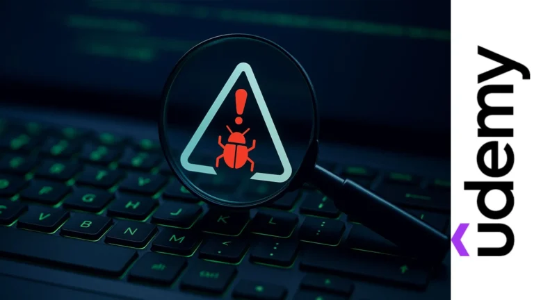 Teclado con luz verde y lupa enfocando símbolo de alerta con insecto