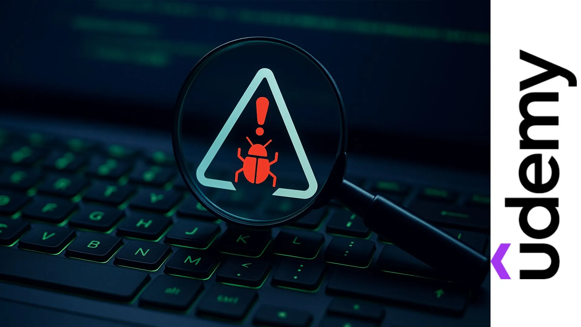 Teclado con luz verde y lupa enfocando símbolo de alerta con insecto