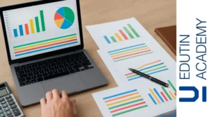 Persona usando Excel con gráficos contables en laptop y documentos financieros sobre el escritorio