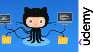 Ilustración de un pulpo estilo Octocat conectando computadoras y carpetas con cables sobre fondo azul, representando el uso de Git y GitHub.