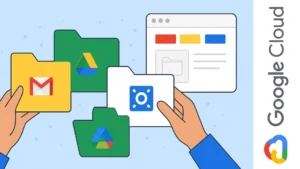 Ilustración de manos organizando carpetas de Gmail, Google Drive y Google Vault