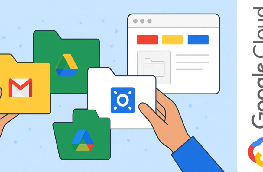 Ilustración de manos organizando carpetas de Gmail, Google Drive y Google Vault