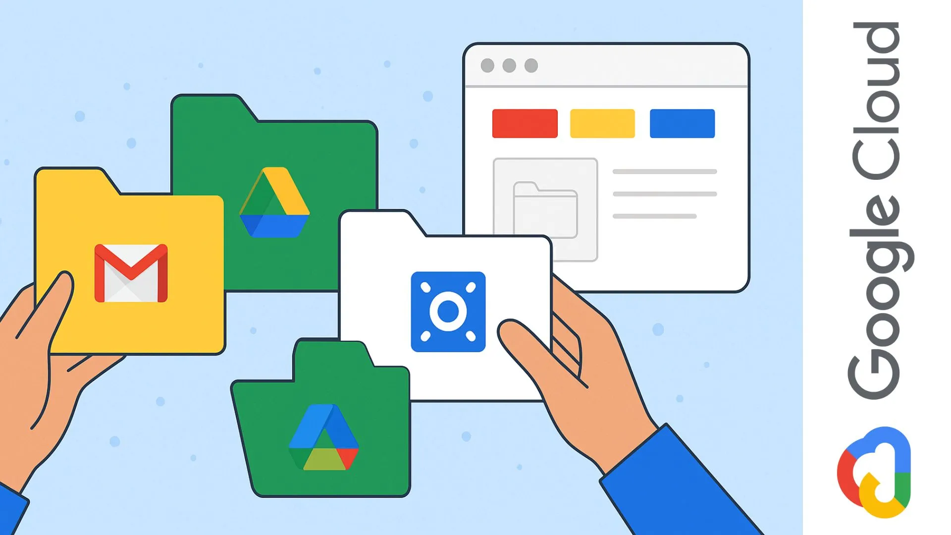Ilustración de manos organizando carpetas de Gmail, Google Drive y Google Vault
