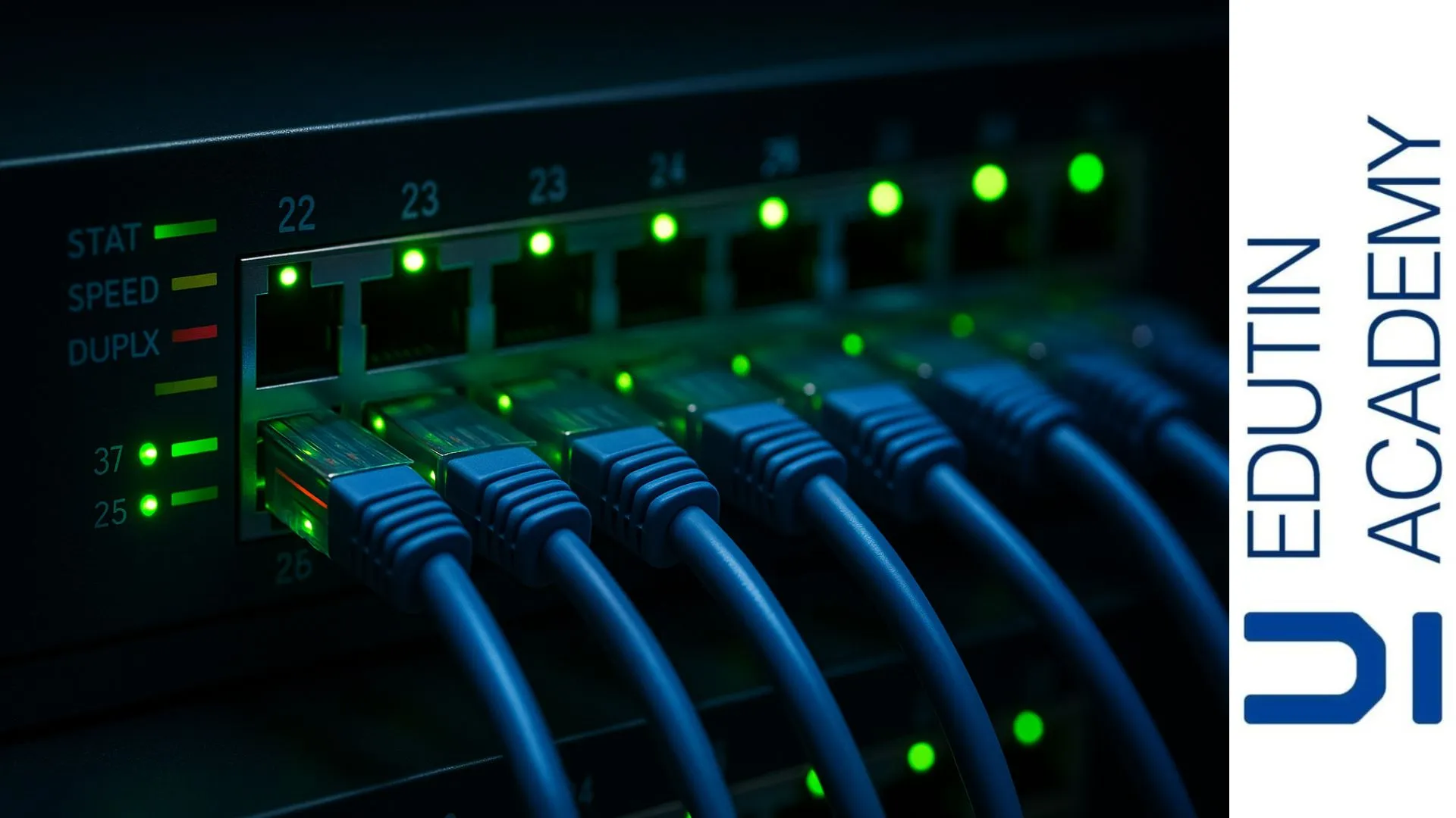 switch de red con cables ethernet conectados y luces LED verdes encendidas sobre fondo oscuro tecnológico