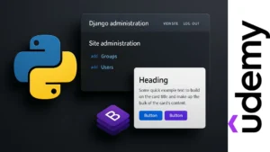 Render con logo de Python, panel de administración de Django y componente de Bootstrap sobre fondo oscuro