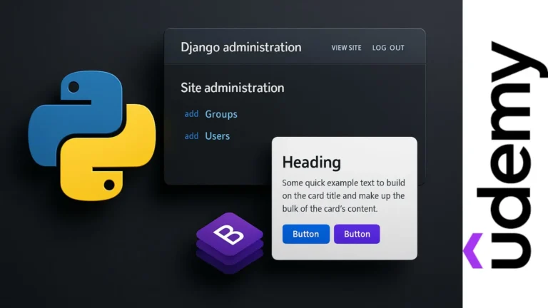 Render con logo de Python, panel de administración de Django y componente de Bootstrap sobre fondo oscuro