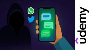 Ilustración de un hacker encapuchado observando un teléfono Android con mensajes flotantes, representando el espionaje ético de comunicaciones digitales.