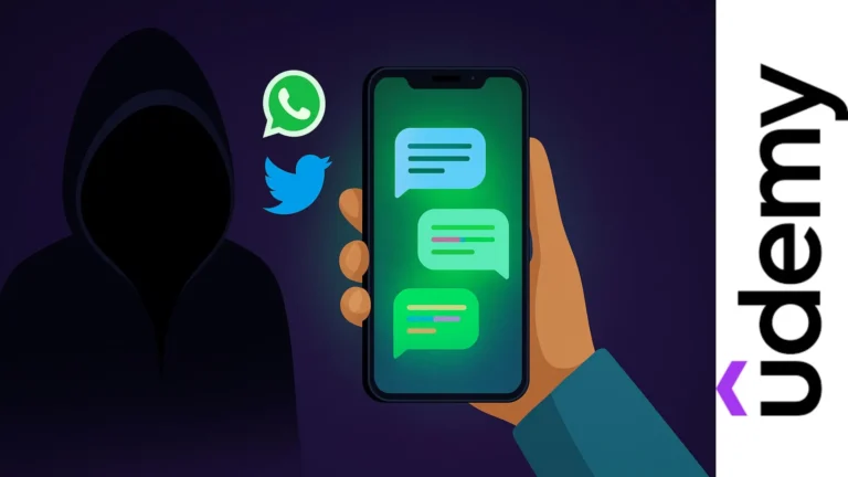 Ilustración de un hacker encapuchado observando un teléfono Android con mensajes flotantes, representando el espionaje ético de comunicaciones digitales.