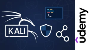 Logo de Kali Linux acompañado de iconos de ciberseguridad como terminal, escudo y red sobre fondo azul oscuro