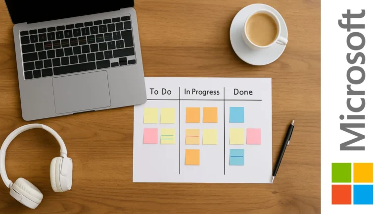 Vista cenital de escritorio con laptop, café y tablero Kanban con notas de colores