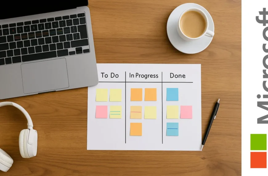 Vista cenital de escritorio con laptop, café y tablero Kanban con notas de colores