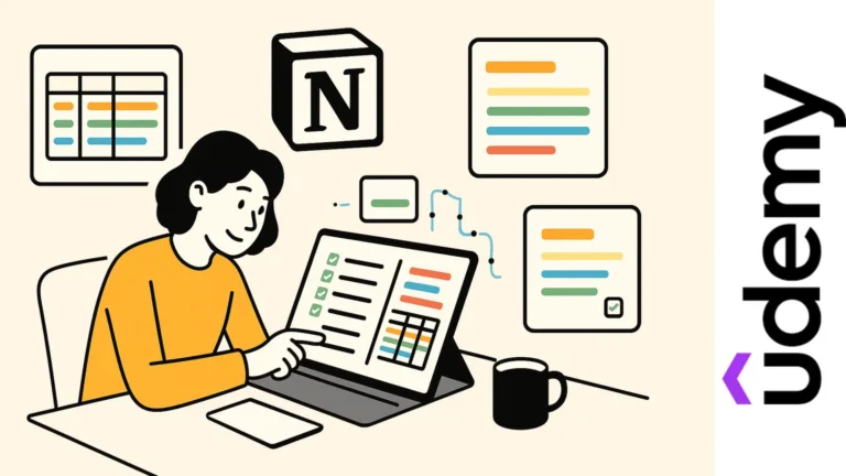 Persona usando laptop con el logo de Notion y ventanas digitales flotantes que muestran tareas, notas y bases de datos coloridas.