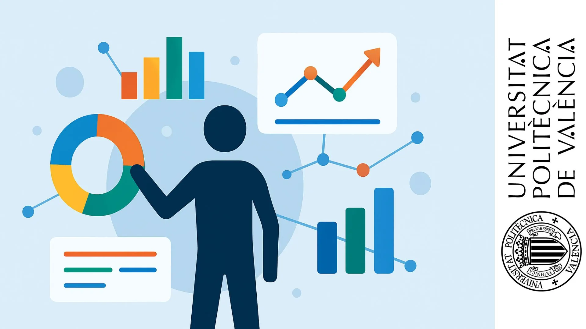 Figura humana interactuando con gráficos y conexiones de datos que representan el análisis empresarial en Power BI