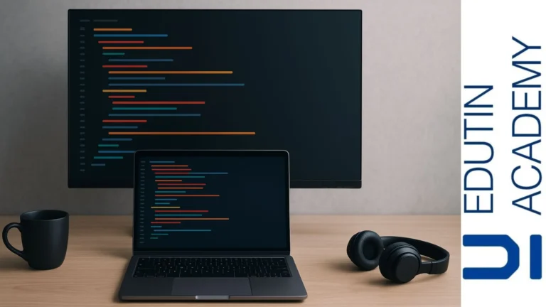 Escritorio de programador con laptop, monitor, taza de café y auriculares, mostrando líneas de colores simulando código en pantalla.