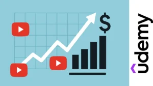 Gráfico de crecimiento con íconos de YouTube y símbolo de dólar, representando ingresos automatizados en YouTube.