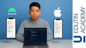 desarrollador frente a laptop con dos teléfonos mostrando la misma app en Android e iPhone, fondo azul y líneas de colores simulando código
