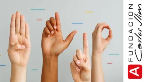 Cuatro manos de diferentes tonos de piel formando letras del alfabeto en lengua de señas mexicana sobre fondo claro