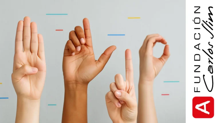 Cuatro manos de diferentes tonos de piel formando letras del alfabeto en lengua de señas mexicana sobre fondo claro