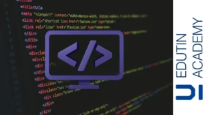 Icono de monitor con símbolo de código en 3D sobre fondo de líneas de código PHP en pantalla oscura.