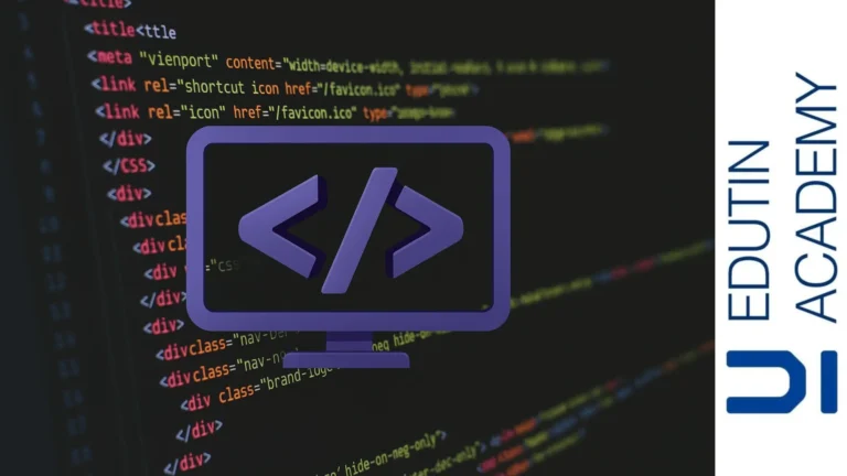 Icono de monitor con símbolo de código en 3D sobre fondo de líneas de código PHP en pantalla oscura.