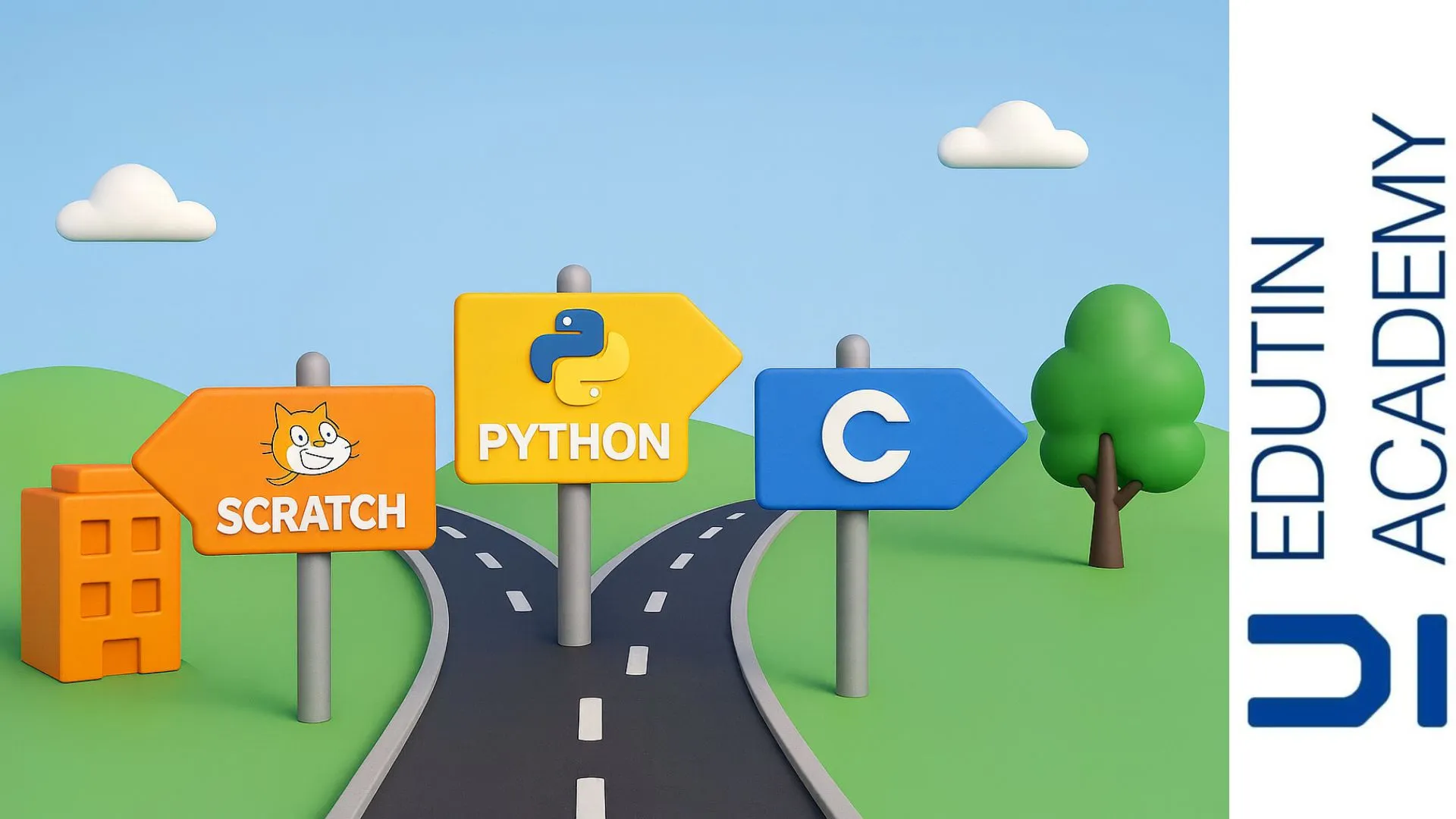 Imagen 3D con señales hacia Scratch, Python y C en una carretera dividida, representando caminos de aprendizaje en programación para empresarios.