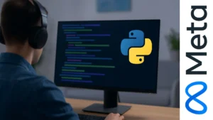 Persona programando en Python frente a una computadora con el logo de Python en pantalla