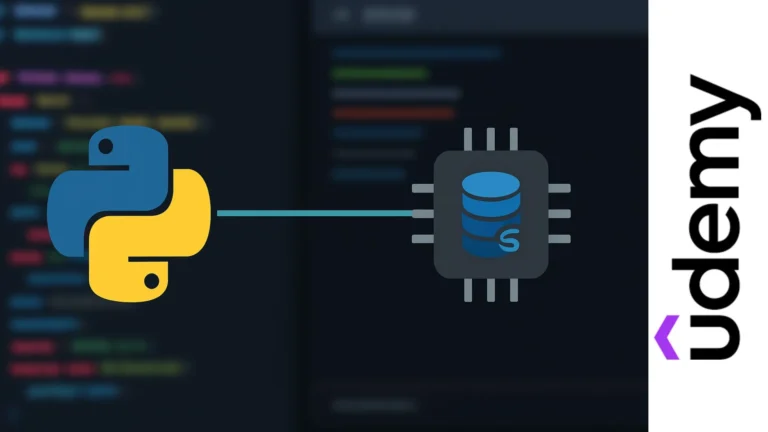 Logo de Python conectado visualmente a un chip con el símbolo de SQLite sobre fondo de código