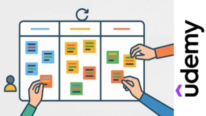 Ilustración de un tablero Kanban dividido en columnas con notas adhesivas de colores y manos organizando tareas