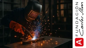 persona soldando metal en taller industrial con chispas y equipo de protección