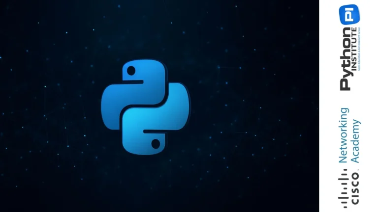 Logotipo 3D del lenguaje Python iluminado sobre una red digital azul con fondo oscuro y conexiones tecnológicas.