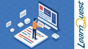 ilustración isométrica de un desarrollador construyendo una aplicación modular en Angular sobre una interfaz digital con líneas de colores