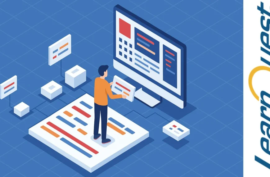 ilustración isométrica de un desarrollador construyendo una aplicación modular en Angular sobre una interfaz digital con líneas de colores