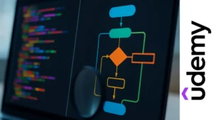 pantalla con líneas de colores y diagrama lógico que representa patrones de codificación en una entrevista técnica