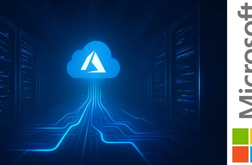 centro de datos futurista iluminado en azul con el logo de Microsoft Azure y líneas digitales que representan conexiones en la nube